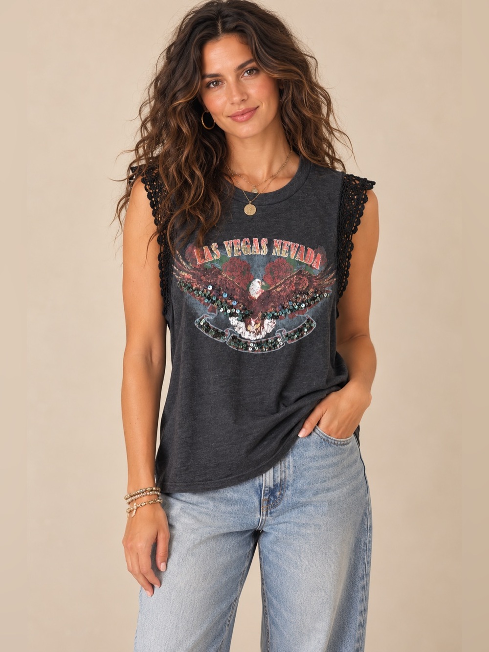 Free People Las Vegas Eagle Graphic Lace Trim Sequin Detail Oversized Tank Top
